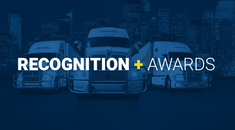 Three Polaris semi-trailers with Recognition + Awards text in foreground 