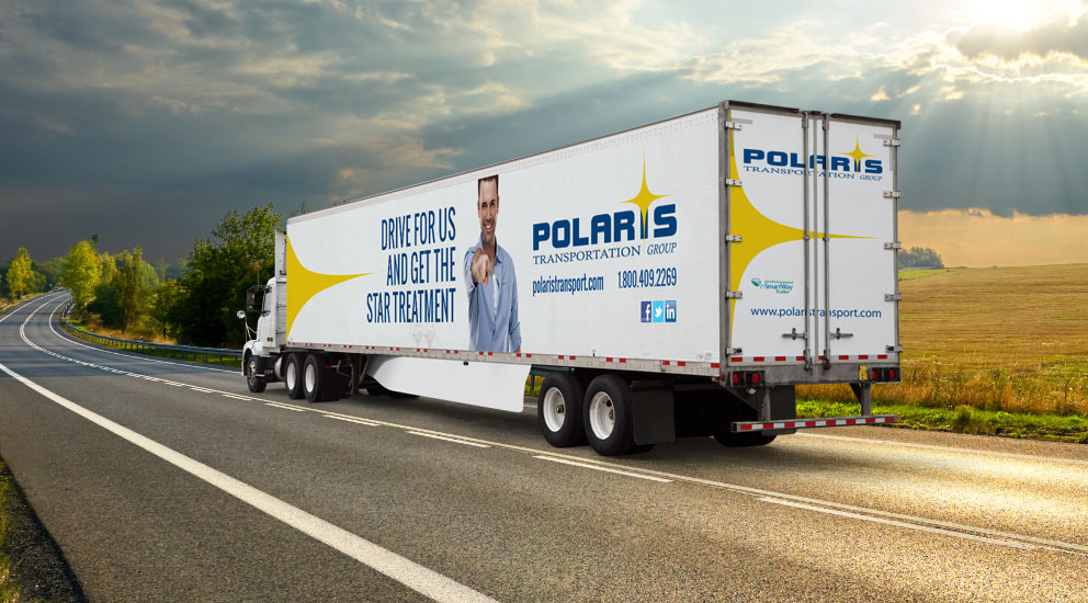 Polaris highway truck driving with recruitment trailer  