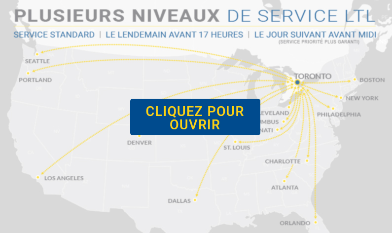 Carte grise de la partie inférieure de l'Ontario et des États-Unis avec des lignes jaunes mettant en évidence les trajets de Polaris 